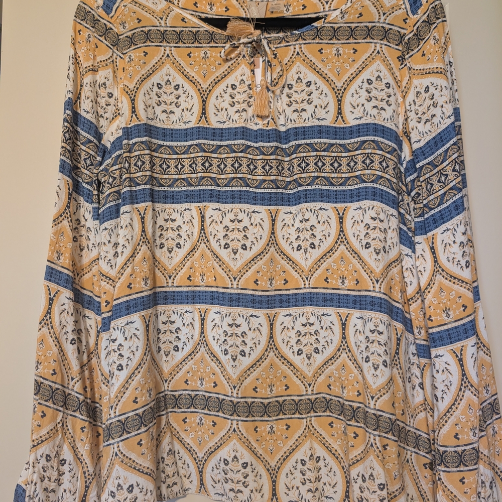 Roxy Tan and Blue Tie Front Long Sleeve Blouse